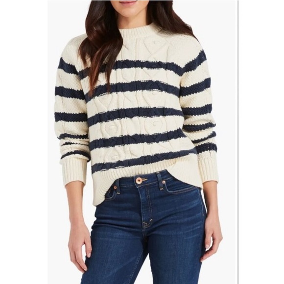 Vineyard Vines Striped Fisherman's Crew Sweater Large Cream and Navy - Picture 1 of 9